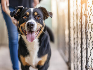 Happy shelter dog being led out of adoption area, showcasing its joyful expression and friendly demeanor. This moment captures excitement of finding forever home