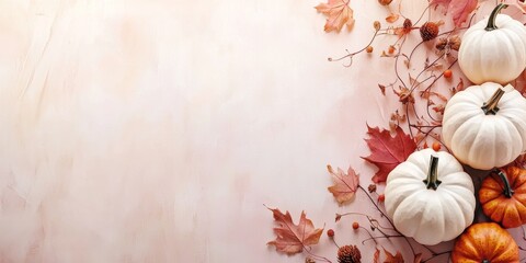 Thanksgiving Season Wallpaper With Fall Leaves and Pumpkins, Copy Space, Light Pink Background