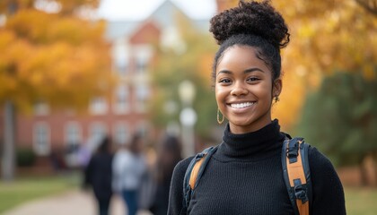 Smiling young black female student on a college campus in fall, ready for school year