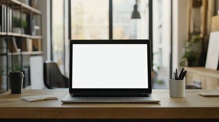 Fototapeta premium A sleek laptop rests on a wooden desk with a blank screen