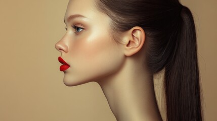 A close-up shot of a woman with bright red lipstick, focus on her facial expression and makeup