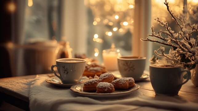 Festive set table with winter holiday breakfast, food aesthetic, hygge cozy kitchen with desserts sweets on the table, AI generated image