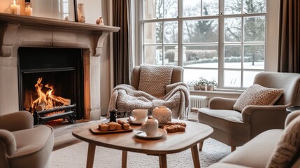 Minimalistic hygge living room interior in white color, room in cottage or guest house in winter snowy forest, fireplace and set tea table in warm modern room, winter holidays slowcation concept, AI