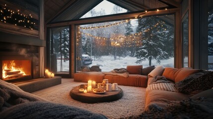 Evening in large warm living room with fireplace and lots of candles, food and boar game on the tea table, interior of cozy cabin in winter snowy forest, slowcation concept, AI generated image