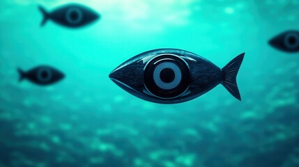 Naklejka premium Underwater scene featuring unique fish with eye patterns camera swimming in clear blue water.