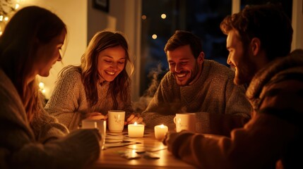 Happy people play board game, chat and drink hot chocolate or coffe in cozy room, peaceful winter scene with group of friends, who spend free time together, slowcation and deep connections concept, AI
