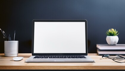 Fototapeta premium Close up of dark designer office desk with mock up laptop on wooden table. 3D Rendering.