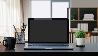 Close up of dark designer office desk with mock up laptop on wooden table. 3D Rendering.