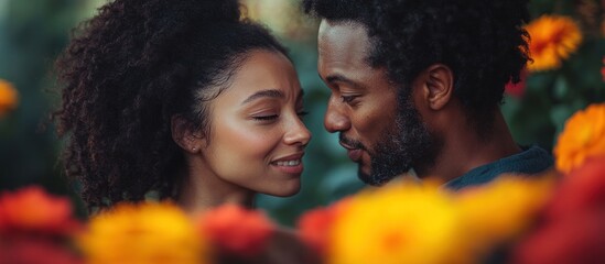 A loving couple looking at each other with affection, surrounded by colorful flowers.