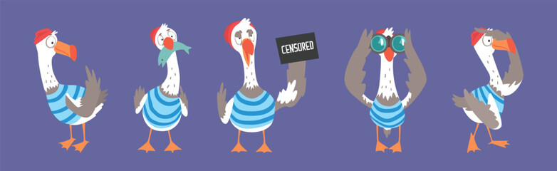 Seagull Bird in Sailor Striped Shirt Vector Set