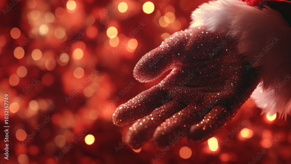 Wall mural glitter-covered open hand in a festive red scene