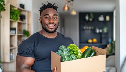 Man joyfully holding a box filled with fresh vegetables in a modern kitchen