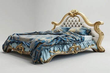 A bed with blue and gold striped or geometric patterned bedding, suitable for interior design and decoration