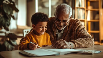 Senior black man and kid watching notebook and writing, grandfather helping grandson with homework. Grandpa is teaching grandson, home education, deep family connections, AI generative image