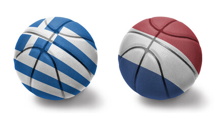 basketball balls with the national flags of greece and netherlands on the white background.