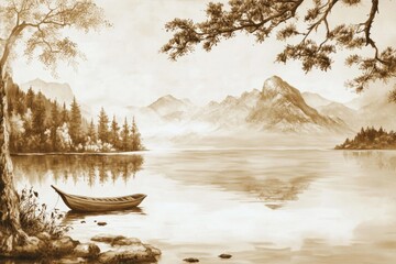 A serene scene featuring a boat floating on a lake with mountains visible in the distance
