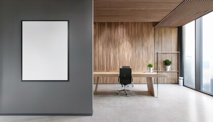 Front view on blank grey partition with place for your poster or picture frame in modern interior design office with wooden walls background, concrete floor and white table. 3D rendering, mock up