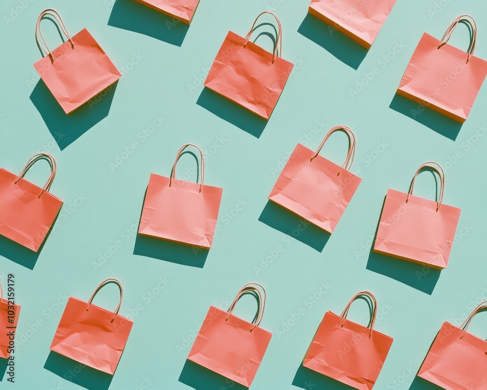 Poster colorful pattern of orange shopping bags on teal background with soft shadows - playful and modern d