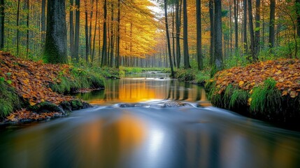 Obraz premium Sunset over a peaceful forest stream with golden light reflecting on the water, surrounded by lush green trees and creating a serene, natural atmosphere