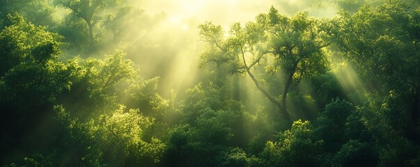 Fototapeta premium A picturesque view of sunlight filtering through the canopy of green treetops, accentuated by magical lens flare in nature photography