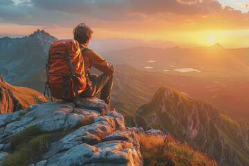 Fototapeta premium A man who hikers enjoy a break look at the top of the mountain at sunset adventure travel.
