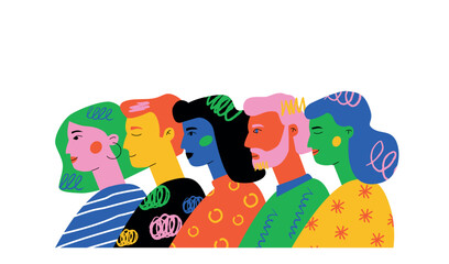 A bright doodle of a crowd of different people in profile, hand-drawn illustration with scribbles.