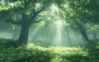 Obraz premium A serene nature landscape featuring sunlight filtering through towering green trees in a mystical forest, creating an enchanting atmosphere