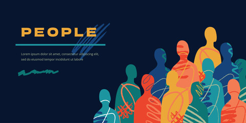 A banner with a multicolored crowd of abstract human silhouettes. A collage of people with scratch lines and scribbles.
