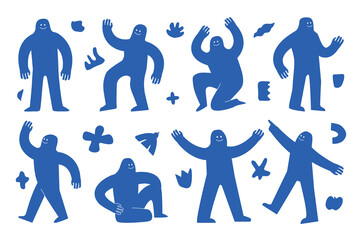 A set of hand drawn human silhouettes in a naive style. Blue abstract different creatures in different poses.