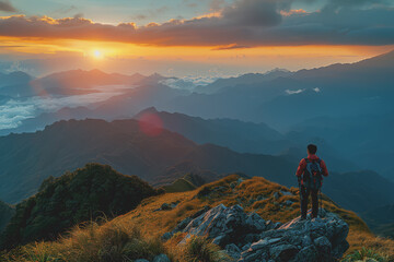 Obraz premium A man who hikers enjoy a break look at the top of the mountain at sunset adventure travel.