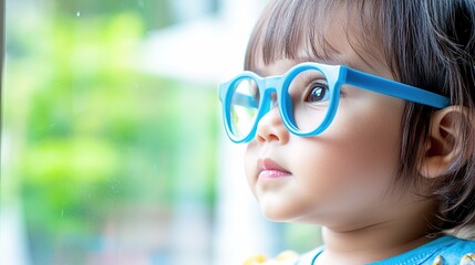 Young child wearing blue glasses focusing on distant tree outside window, symbolizing myopia prevention and importance of outdoor activities.