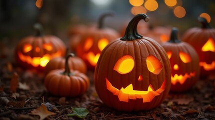 Spooky halloween pumpkins creepy forest festive holiday atmosphere.