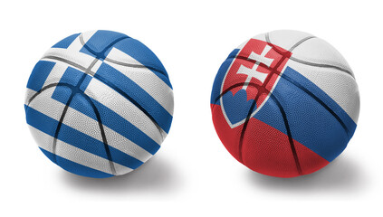 basketball balls with the national flags of greece and slovakia on the white background.