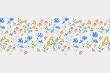 Pattern flowers seamless. Minimal blue pink coneflower cornflower marigold with leaf flower motifs wallpape. Vintage style vector illustration design hand drawn watercolour brush textured embroidery. 
