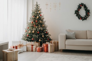 Fototapeta premium Christmas tree with presents underneath in a cozy living room