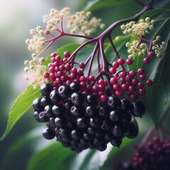 close-up of a blackberry bush with red berries and green leaves.

