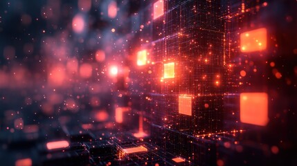 Fototapeta premium Abstract digital background with glowing red squares and lines on a dark background, resembling a digital network or data flow.