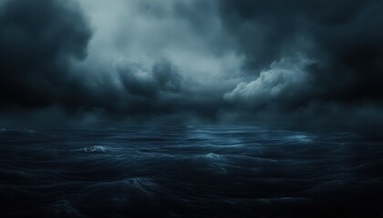 Fototapeta premium A haunted sea under a dark blue sky with eerie clouds and a gloomy atmosphere