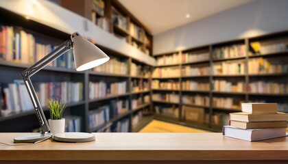 Modern desk setup with lamp and books against a blurred library backdrop. Education and reading concept. 3D Rendering
