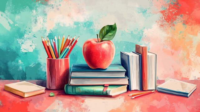 Vibrant illustration for Teacher's Day featuring school supplies like books pencils and an apple arranged artistically with a backdrop of a classroom to symbolize education and gratitude