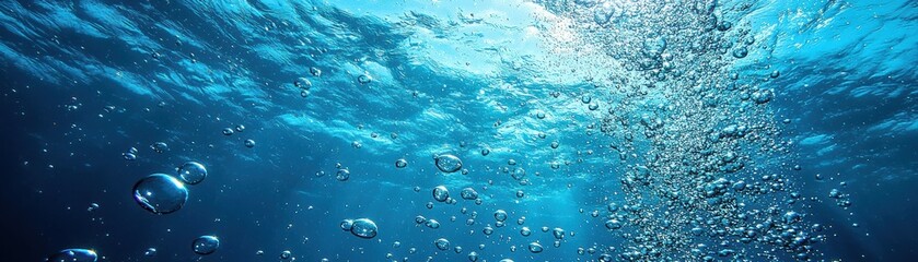 A tranquil underwater scene with shimmering bubbles rising through clear blue water, capturing the essence of marine serenity and natural beauty.