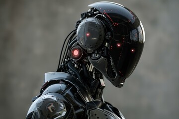 Fototapeta premium Futuristic robot with glowing red eyes is looking down, appearing to convey sadness and emotion