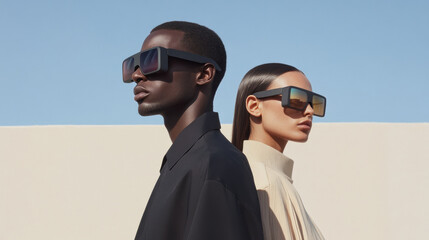 Two individuals wearing bold futuristic sunglasses outdoors