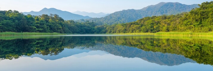 Obraz premium Serene Lake Reflection Tranquil Landscape of Lush Forests and Majestic Mountains