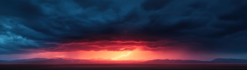 Fototapeta premium Dramatic lightning strikes illuminate a stormy sky over mountains, creating a stunning contrast of colors in a breathtaking landscape.