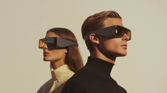 Elegant duo models large futuristic sunglasses style
