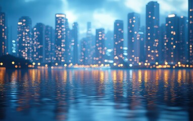 Fototapeta premium Stunning city skyline at dusk, shimmering lights reflected on water creating a tranquil and vibrant urban atmosphere.