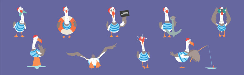 Seagull Bird in Sailor Striped Shirt Vector Set