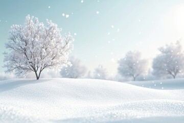 Obraz premium A serene winter landscape featuring a frosty tree surrounded by glistening snow and soft snowfall, capturing the beauty of a tranquil season.