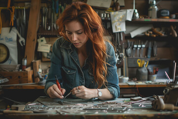 Fototapeta premium A woman making jewelry in her office filled with tools.